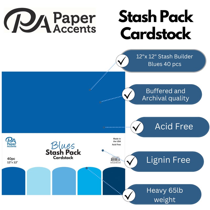 Accent Design Paper Accents PA Paper Accents Stash Pack Cardstock Pack 12" x 12" Blues colored cardstock paper for card making, scrapbooking, printing, quilling and crafts, 65lb., 40 pieces - Image 2